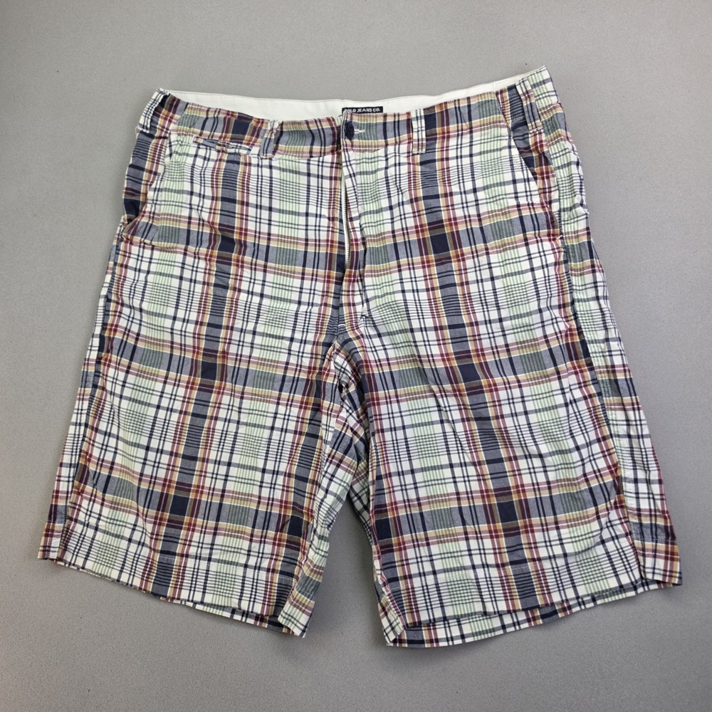 Vintage Polo Jeans Co Ralph Lauren Madras Plaid Shorts Mens 36 Navy Burgundy Y2K